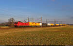 185 218-5 zieht eine DHL-Container-Leistung bei Hohenthurm Richtung Halle (Saale).