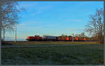 261 012-9 von DB Cargo ist am Morgen des 30.12.2020 bei Wahlitz mit einer kurzen �bergabe bestehend aus einem Kessel- und drei Rungenwagen Richtung Ro�lau unterwegs.