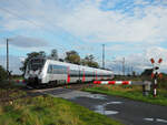 1442 810 als RE13 nach Magdeburg passiert einen mit Halbschranken und blinkenden Andreaskreuz bestückten Bahnübergang kurz vor Güterglück.