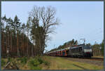 189 458 der MRCE ist im Einsatz für DB Cargo und zieht am 12.04.2022 einen Autozug durch die Wälder bei Genthin.