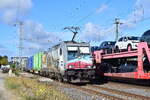 386 020-2  Hamburg  zieht einen Containerzug durch Saarmund in Richtung Genshagener Heide.

Saarmund 28.09.2024
