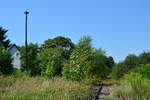 Blick zum einstigen Bahnhofsgebäude und auf die Bahnsteige und Ladelampe.