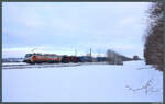 Bei Frellstedt zieht 383 217-7 von Budamar eine Cargounit-Vectron mit dem LKW-Walter-Zug durch die winterliche Landschaft.