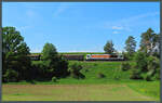 264 003-4 der HVLE zieht am 04.06.2021 den DGS 91030 von Blankenburg nach Spreewitz durch das Harzvorland bei Langenstein.