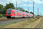 DABpbzfa 767.2 (50 80 86-81 137-1 D-DB) mit Schublok 146 009-6 überquert die Kreisstraße an der Blockstelle Braschwitz (Bk) und strebt seinem vorletzten Halt, Zöberitz, entgegen.