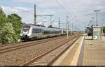 Auf schnellstem Wege fahren 1442 630 und 1442 603 (Bombardier Talent 2) in Dieskau dem Endbahnhof entgegen.