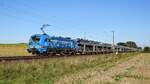 Railpool 193 813  DB Netze 25 Jahre Ihr Ziel ist unser Weg , vermietet an HSL Logistik, mit BLG-Autotransportzug in Richtung Osnabrück (bei Melle, 07.09.2023).
