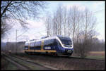 De VT 771 der NWB kam am 25.03.2004 als Überführungsfahrt von Münster nach Osnabrück um 09.03 Uhr durch die Bauernschaft Lengerich - Schollbruch.