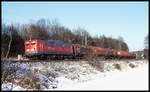 150090 ist hier an der Landesgrenze Niedersachsen zu Nordrhein Westfalen bei Natrup Hagen am 30.12.2001 um 13.58 Uhr mit einem Coilzug in Richtung Ruhrgebiet unterwegs.