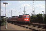 DB 141403-6 schiebt hier ihren RB nach Münster am 29.7.2003 in den Bahnhof Lengerich.