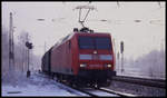 DB 145025-3 fährt mit einem Güterzug in Richtung Münster am 29.02.2004 um 9.30 Uhr in Hasbergen ab, wo der Zug zuvor wegen einer Überholung auf das Ausweichgleis musste.