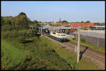 Auf dem Weg von Wanne-Eickel nach Neumünster kommt hier die ehemalige DB Lokomotive nun als SEL 181211-4 mit ihrem KV am 28.9.2023 um 10.17 Uhr durch Hasbergen.