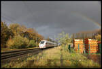 Bei einem Regenbogen darf es auch mal ein Nachschuss sein. Ein ICE 4 ist hier in Natrup-Hagen am 15.11.2023 um 14.18 Uhr in Richtung Osnabrück unterwegs.