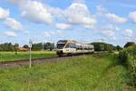 Alpha Trains Europa 643 126/626, vermietet an Keolis Deutschland/Eurobahn (VT 3.03), als RB 71 (89645)  Ravensberger Bahn  Rahden - Bielefeld Hbf (Espelkamp, 24.08.2021).