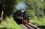 99 5901 hat mit ihrem Sonderzug den Ramberg überwunden und erreicht gleich den Bahnhof von Alexisbad.