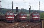 Hochbetrieb in der Spitzkehre Michaelstein mit 171 012, 003 und 014, 4.6.1996.