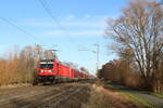 147 014 auf dem Weg nach Aachen mit neuen Doppelstockwagen aus Hamburg für den RE9 bei der Durchfahrt in Sythen am 16.12.25. Anstelle der ET442 werden künftig nur noch lokbespannte Züge zwischen Aachen und Siegen zum Einsatz kommen. 