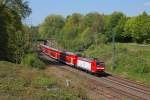 146 008 fuhr am 20.4.2014 als eine von 10 Werbeloks für DB Regio NRW den RE 2 nach Münster und hatte wenige Minuten zuvor Essen Hbf verlassen