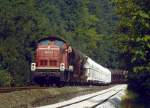 290 271 mit Kalkzug bei der Einfahrt in Lendringsen (außerplanmäßige Übergabe von Kalkzg in Lendringsen statt Horlecke) am 23.08.1989.