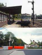 Der Bahnhof Mettmann einst & jetzt: Auch die heute ebenfalls von der S 28 bediente Strecke Düsseldorf - Mettmann war von der Einstellung bedroht, als die obere Aufnahme von 515 526-2 Mitte der