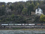 Die Elektrolokomotive 185 821-0 zog einen Containerzug auf der linken Rheinstrecke.