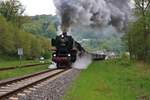 Verein Pacific 01 202 verlässt Daufenbach (Eifel) mit einen Sonderzug am 29.04.18 beim Dampfspektakel auf der Kylltalbahn 