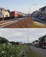 Mitten durch Mechernich führt die Eifelbahn, die 215 135-5 an einem Wintertag Ende der 1980er Jahre befährt.