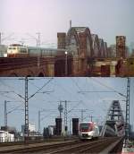 Die Rheinbrücke Düsseldorf-Neuss einst und jetzt: Ende der 1970er Jahre ist eine 103 auf der alten Brücke unterwegs, darunter fährt 2010 eine Regiobahn als S 28 nach Kaarst.