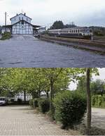 Der Bahnhof Wegberg an der Strecke Rheydt - Dalheim: Wie auf der oberen Aufnahme zu sehen, versahen noch Ende der 1980er Akkutriebwagen der Baureihe 515 den Dienst auf dieser Nebenbahn. Heute verkehren hier Lint 41 von VIAS. Die Gleisanlagen sind inzwischen zurückgebaut worden und auf dem Gelände der ehemaligen Laderampe befindet sich, wie auf dem Bild vom 09.06.2021 zu sehen ist, der Parkplatz eines Discounters.