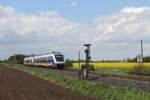 Eine Doppeltraktion VT 648 der NWB, angeführt von 648 435, passiert am 06.05.2015 das nördliche Einfahrvorsignal des Bahnhofs Weeze.