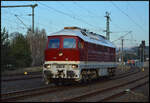 Die bordeauxrote Ludmilla 132 426-8 der Nossen-Riesaer Eisenbahn-Compagnie - NRE am 10.04.2026 in Niederwiesa. Die Lok hatte zuvor einen Güterzug von Chemnitz über Riesa nach Bad Schandau gebracht und fuhr hier ins heimatliche BW (SEM Chemnitz Hilbersdorf) zurück.