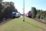 VT 08.A der Vogtlandbahn mit dem Vogtlandexpress bei der Durchfahrt nach Berlin Zoologischer Garten und 143 339-0 mit einer RB nach Zwickau (Sachs) Hbf, beim treffen in Zwickau Plbitz.30.09.2012