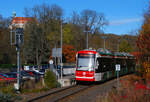 Citylink 439 der Chemnitzbahn (Linie C15) am Hp Braunsdorf-Lichtenwalde. Im Hintergrund thront  das Schloss Lichtenwalde über dem Zschopautal. Es lohnt einen Besuch, da man nicht nur das 1905 abgebrannte und 1908 wieder errichtete Bauwerk, sondern auch eine große barocke Parkanlage erkunden kann. 03.11.2021 