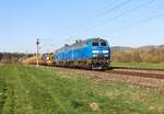 218 054 und 218 055 (Press) waren am 23.04.22 mit einem Bauzug bei Orlamünde zu sehen.