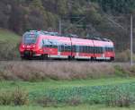442 105 ist am 04.11.2013 mit dem RE 4985 nach Nrnberg Hbf unterwegs, hier zwischen Orlamnde und Rudolstadt.
