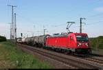 Kesselzug mit 187 105 DB fährt in Großkorbetha auf der Bahnstrecke Halle–Bebra (KBS 580) Richtung Bahnhof Großkorbetha.