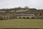 Auch unter der Rudelsburg in Saaleck gibt  Die Wartburg  alias 9442 814 (Bombardier Talent 2) ein gutes Motiv ab.