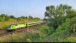 Ab durchs Grün:  182 522-3 (Siemens ES64U2-022) fährt parallel zur Europachaussee in Halle (Saale).