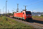EZ, hauptsächlich gebildet aus Flachwagen mit Rungen, fährt mit 152 072-5 (Siemens ES64F) an der Eisenbahnstraße in Halle-Ammendorf Richtung Abzweig Halle Thüringer Bahn.

🧰 DB Cargo
🕓 16.9.2023 | 10:36 Uhr