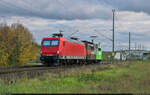 Nachschuss auf 145 089-9, die bei Spergau von 151 138-5 Richtung Großkorbetha gezogen wird.