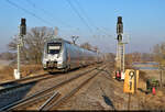 9442 615 und 9442 116 (Bombardier Talent 2) haben an der Saalebrücke bei Schkopau die ersten 9 Kilometer ihrer Reise in die thüringische Hauptstadt geschafft.