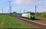 Auf zur nächsten Holzverladung: 193 831-5  Christian Doppler  (Siemens Vectron) zieht blaue, unternehmenseigene Rungenwagen mit der Bezeichnung  Snps  in Großkorbetha Richtung Halle (Saale) 