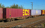 Sechsachsiger belgischer Gelenk-Containertragwagen mit der Bezeichnung  Sggmrss90  (33 88 4962 318-0 B-TOUAX), eingereiht in einem Container- und KLV-Zug mit 188 060-8  Bumblebee  in Gro�korbetha
