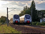 Abellio-Treffen im Abendlicht:  9442 113 (Bombardier Talent 2) der Abellio Rail Mitteldeutschland GmbH als RB 74791 (RB75) von Lutherstadt Eisleben nach Halle(Saale)Hbf und 9442 607 als RE 74734 (RE8)