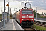 KLV-Zug (LKW Walter Internationale Transportorganisation AG) mit 152 073-3 (Siemens ES64F) durchfährt den Hp Halle Rosengarten auf Gleis 1 Richtung Bft Halle Gbf Süd.