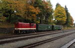 Herbst kehrt ein in der höchstgelegenen Stadt in Deutschland. Dazu rangierte am 09.10.2025 die L45 H 084 der Fichtelbergbahn 2 neue Waggons ins Depot in Oberwiesenthal.