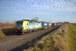 BLS Cargo Siemens Vectron 475 411-5 mit Containerzug bei Nieder-Mörlen auf der Main Weser Bahn am 08.02.25