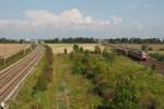 Zwei unbekannte 425er fahren als S2 aus dem Bahnhof Schifferstadt kommend weiter Richtung Kaserslautern, während sich auf der Schifferstädter Umgehungskurve ein unbekannter Bauzug der Firma