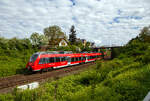 Der vierteilige Bombardier Talent 2 - 442 204 / 442 704  Müden  fährt am 28.04.201, als RB 81  Moseltalbahn  (Koblenz  – Cochem – Trier), durch Koblenz-Moselweiß, gleich geht es auf der Gülser Eisenbahnbrücke über die Mosel.