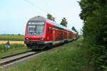 50 80 80-35 305-7 mit der morgendlichen RB von Neuenburg am Rhein nach Freiburg (Breisgau) Hbf am 25.07.13 auf dem kurzen, einspurigen Streckenstck zwischen Neuenburg und Mllheim (Baden).